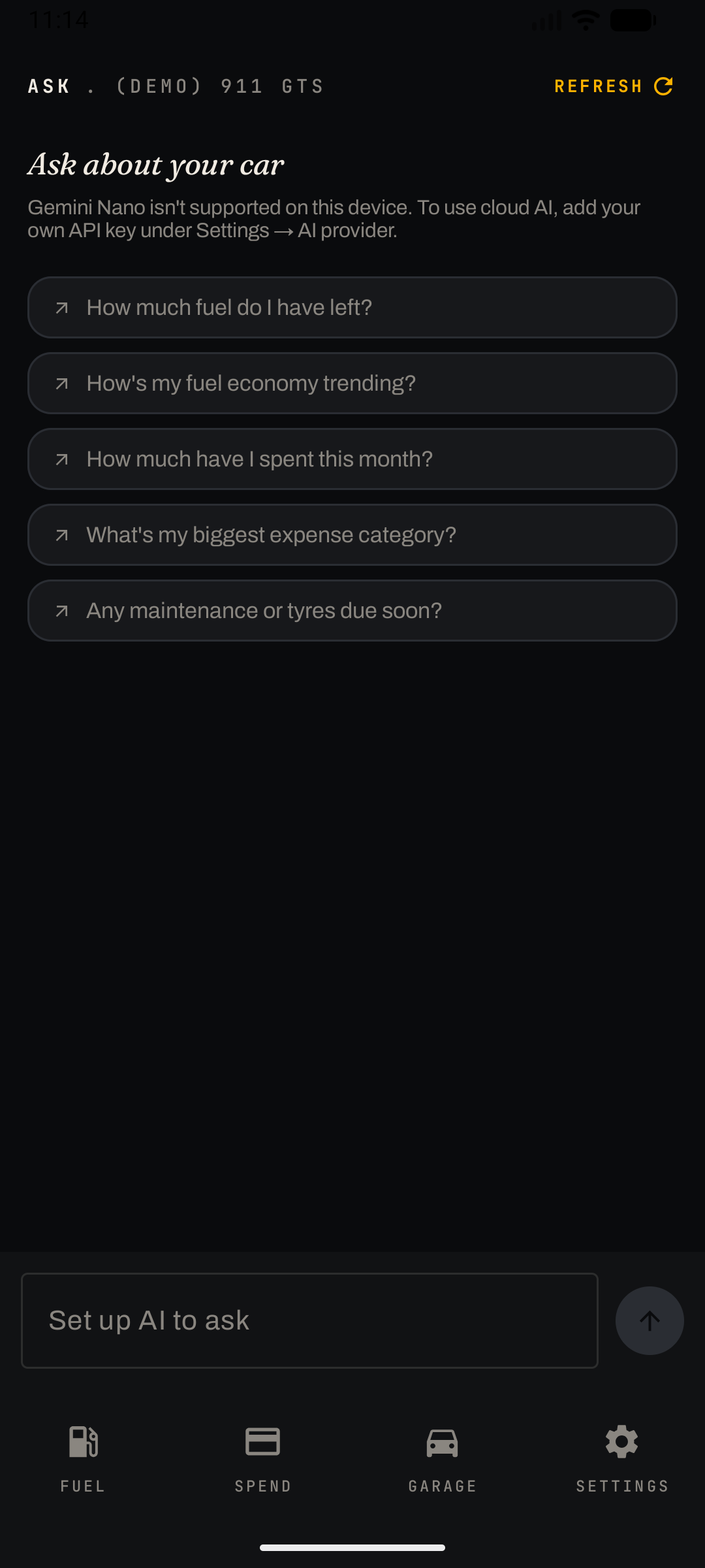 CarSpend Ask screen showing on-device assistant chat