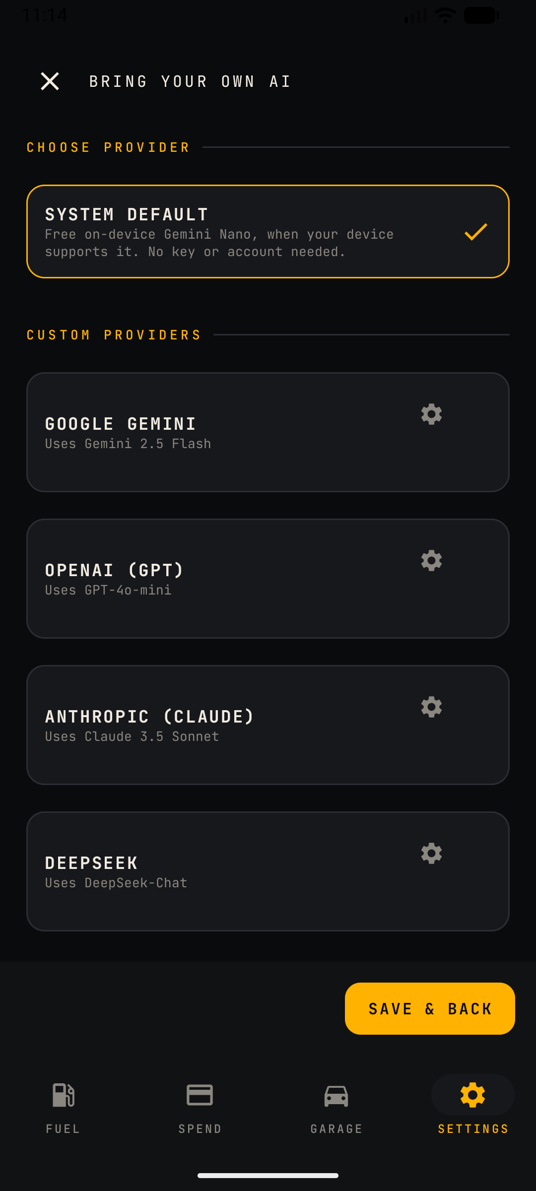 Bring Your Own AI screen — system default and custom provider list