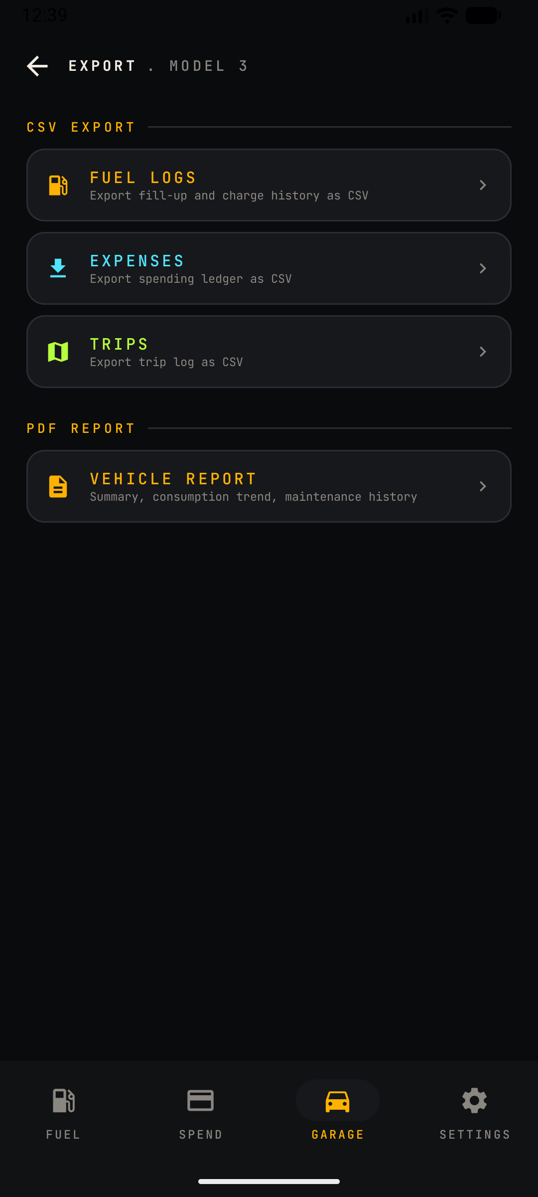 Export screen for an electric car — CSV export and PDF vehicle report