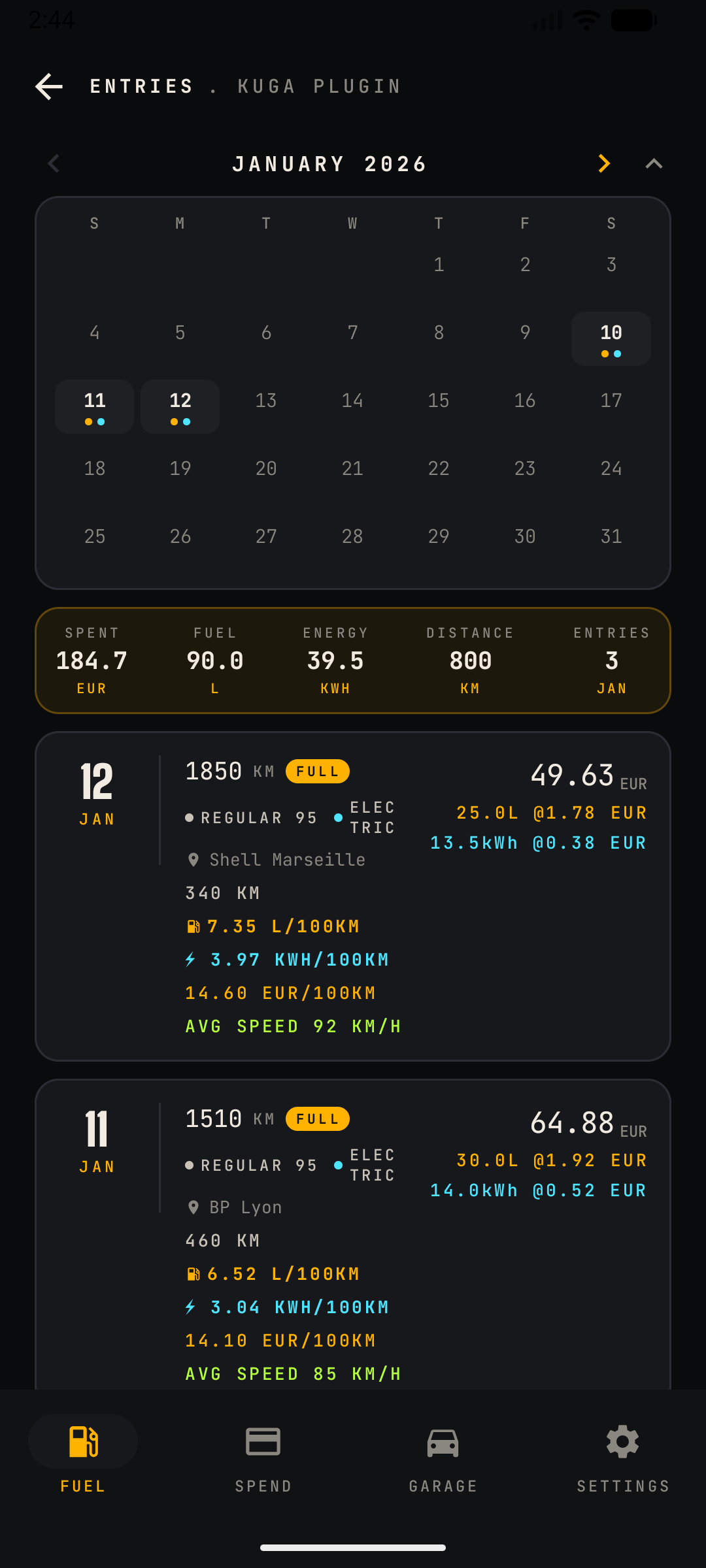 Fuel entries screen with calendar picker open, showing days that have fill-up entries
