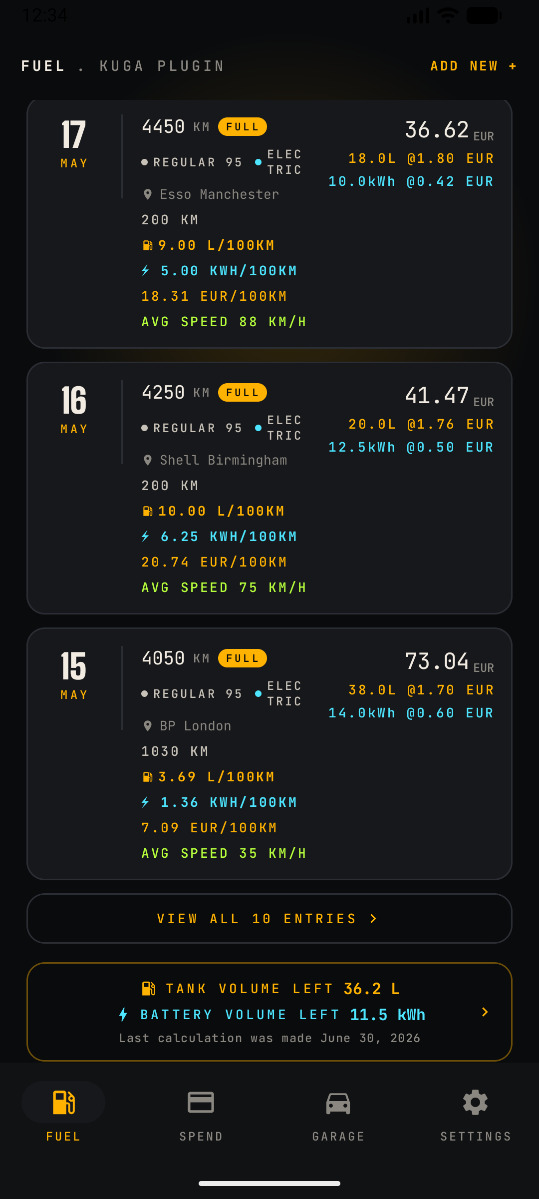 Plug-in hybrid entry log with combined fuel and charge entries, and a dual tank + battery estimate button