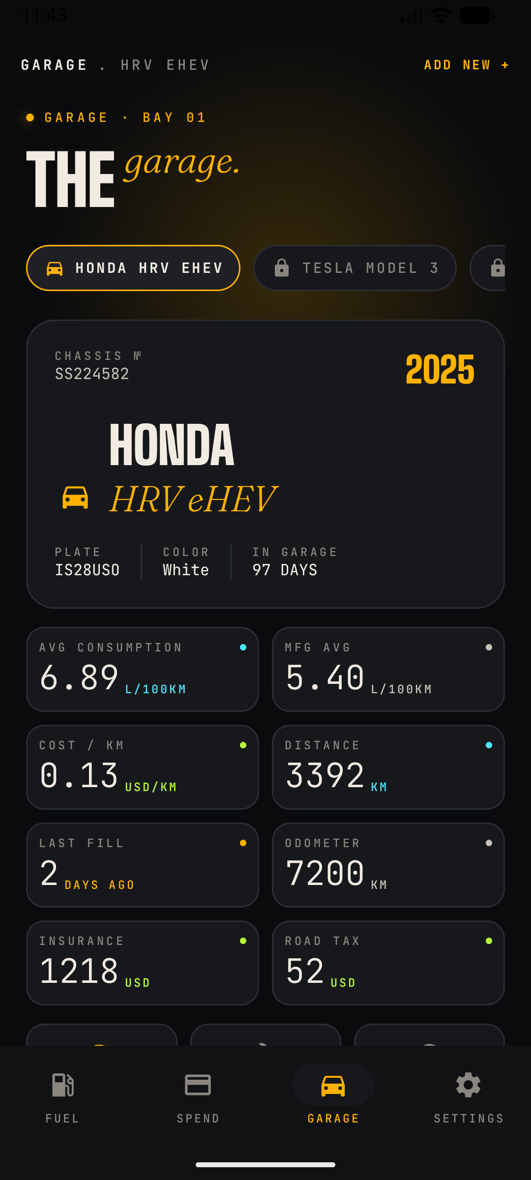 CarSpend Garage screen showing all cars and live stats