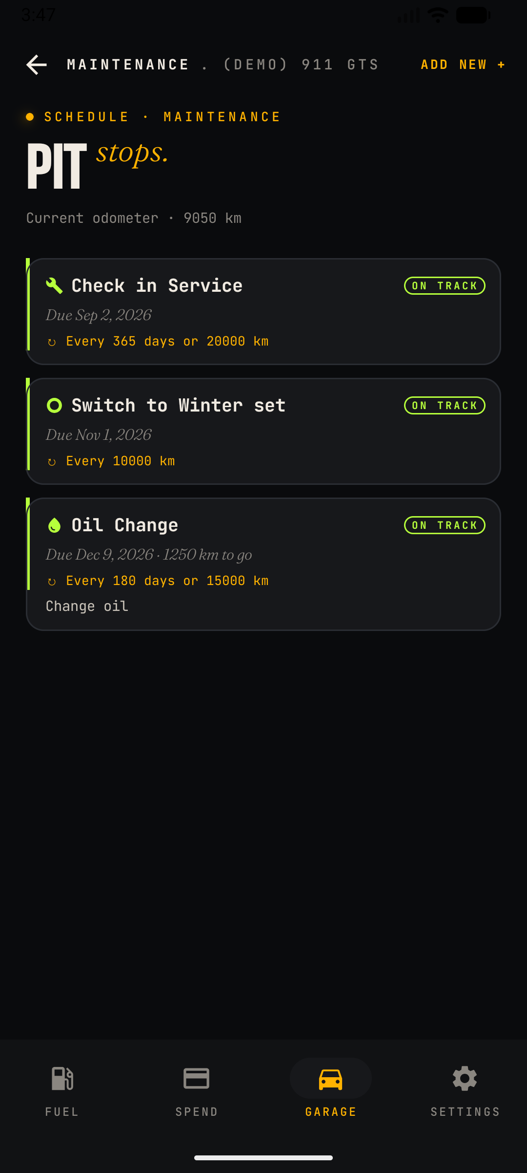 Maintenance screen — Pit Stops reminder list with due dates, repeat intervals and On Track status badges