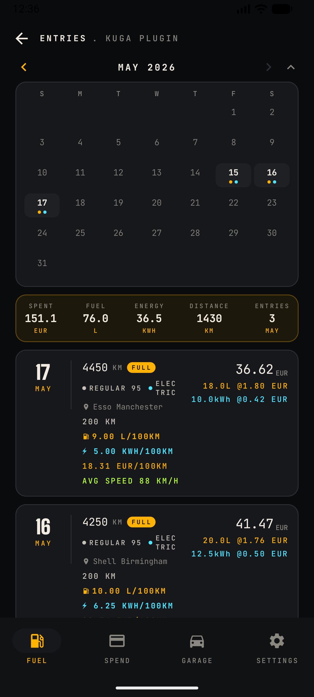 Plug-in hybrid entries with the calendar month picker open