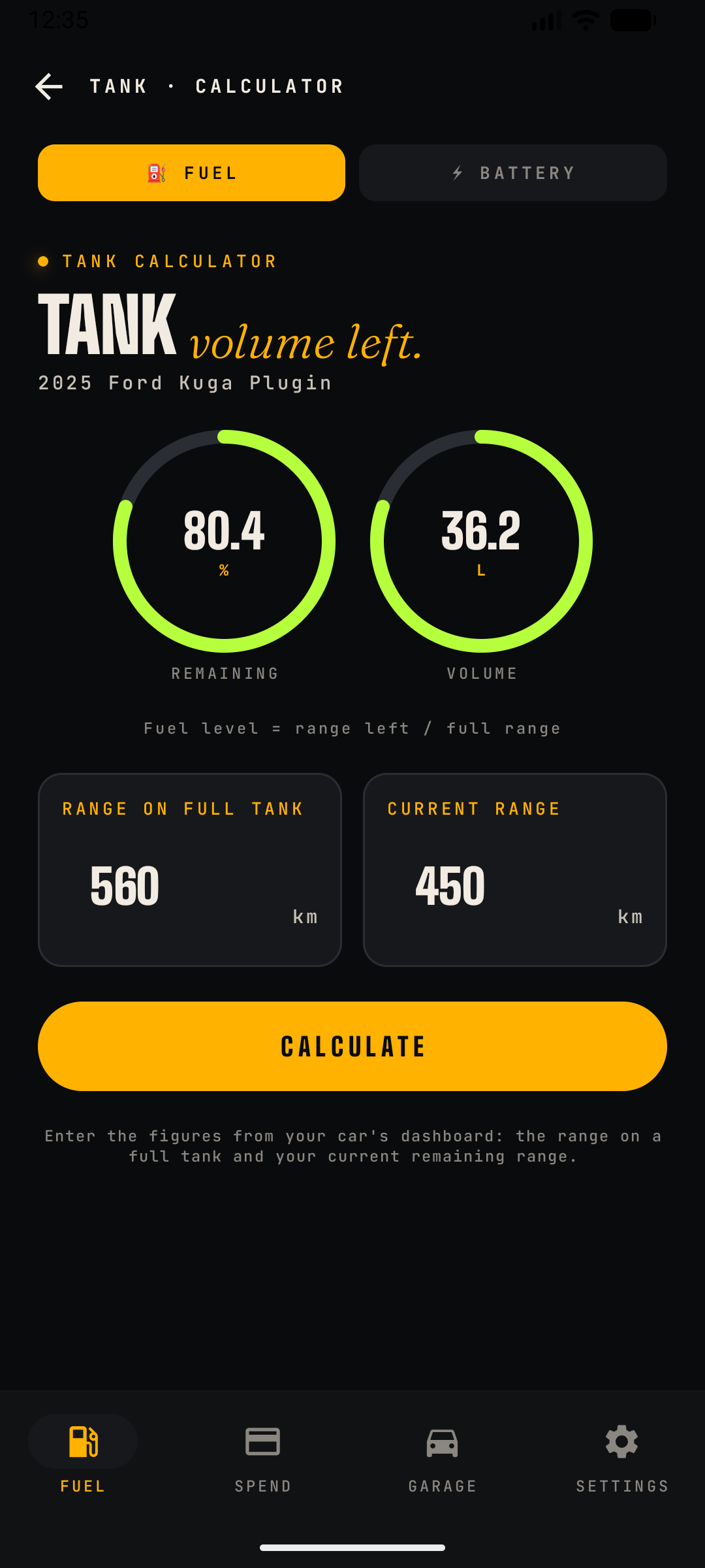 Tank calculator for a plug-in hybrid, fuel side