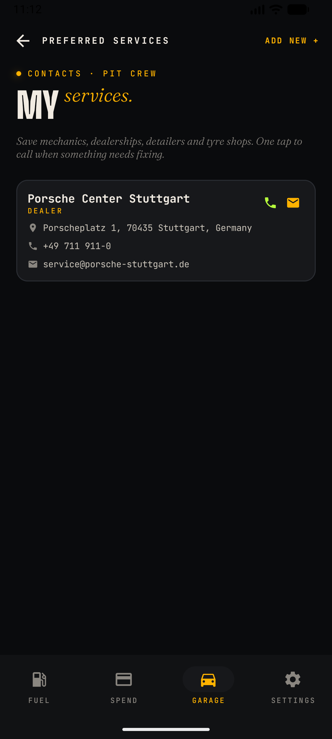 Preferred Services screen — provider card with contact details and quick actions