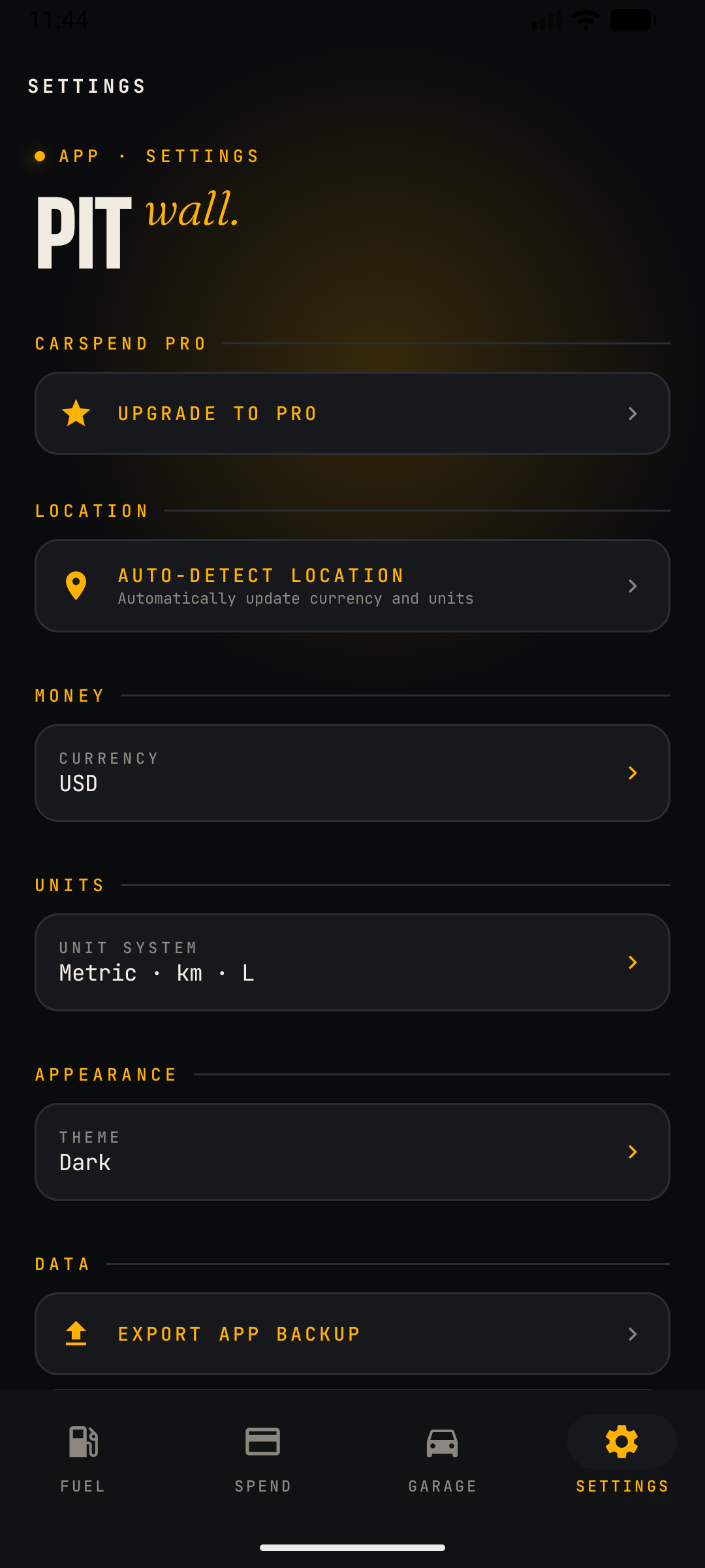CarSpend Settings screen showing units, currency and backup