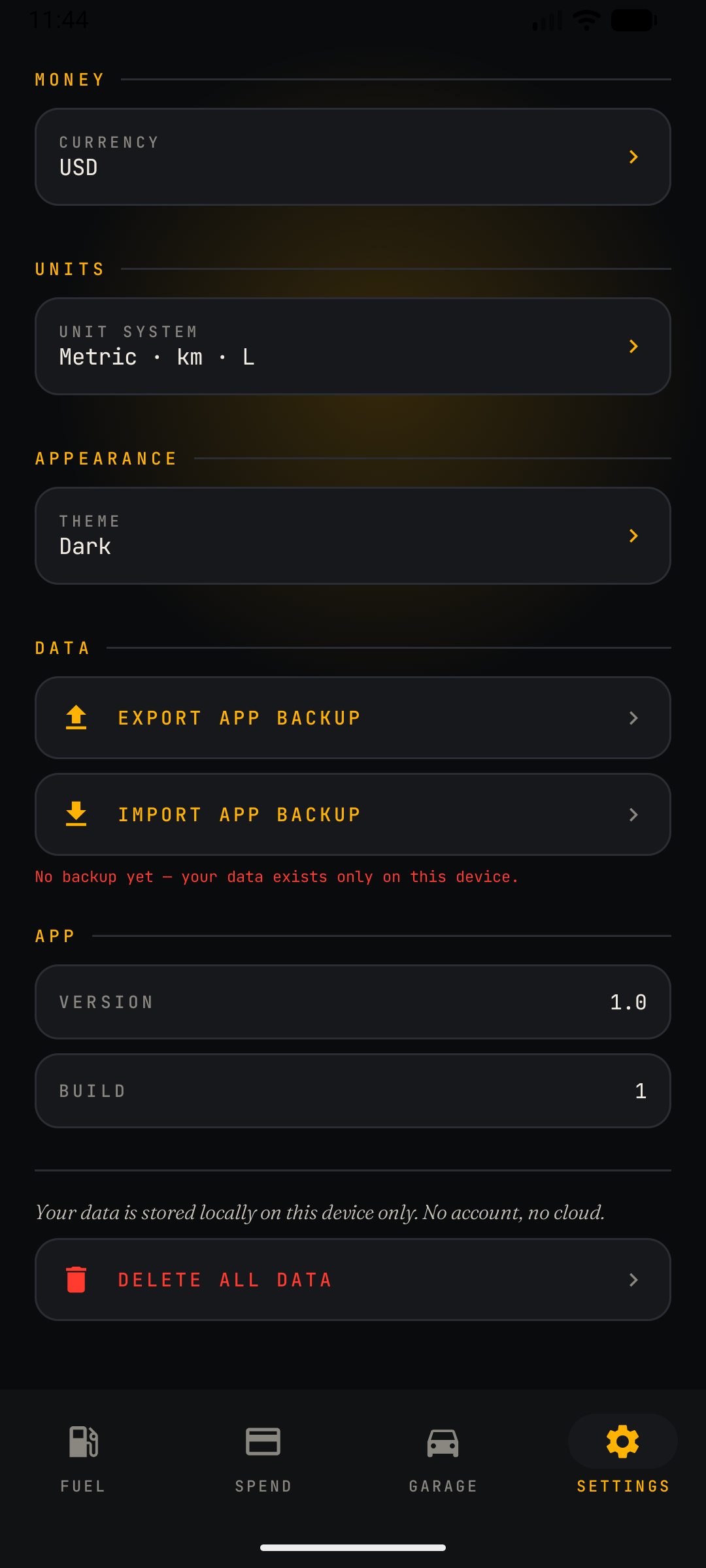 CarSpend Settings screen scrolled down showing export and import
