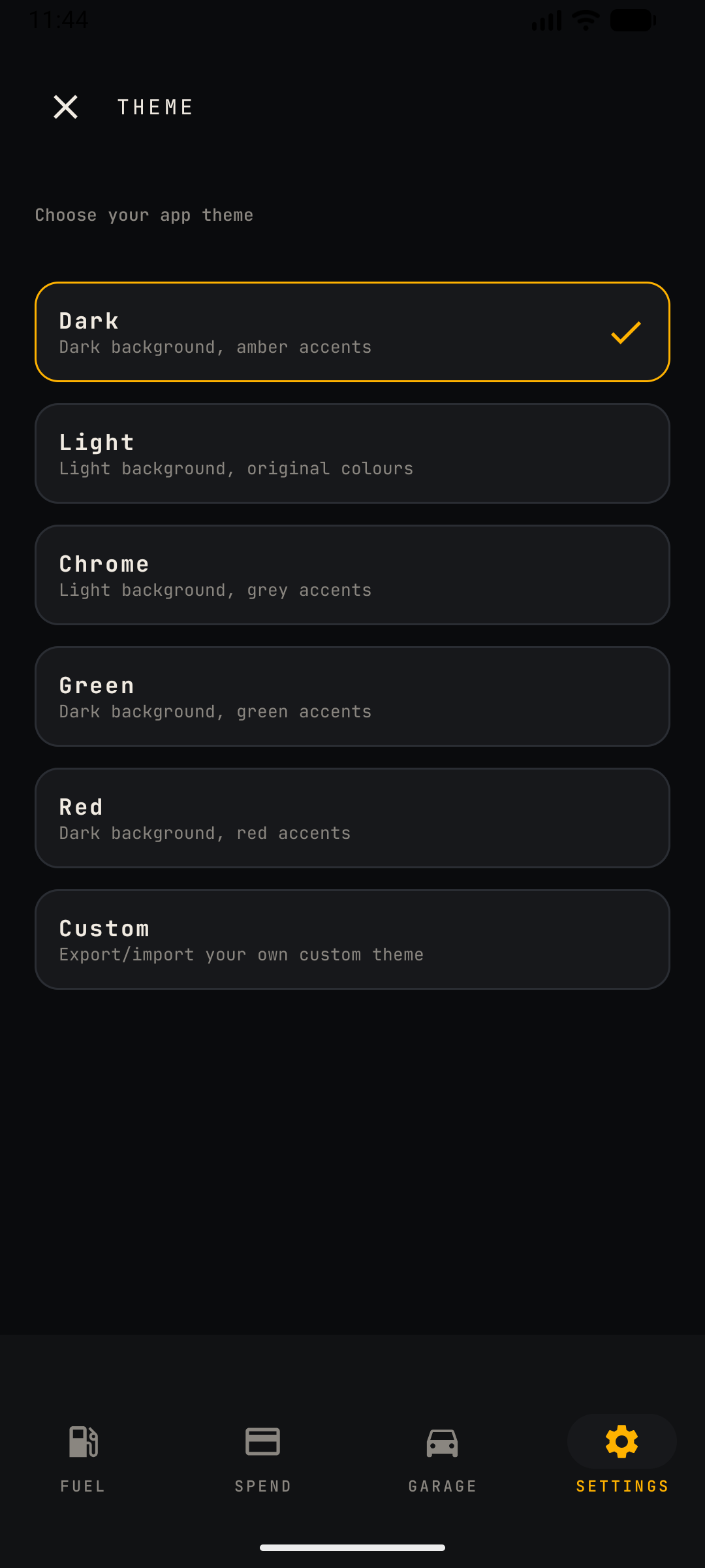 Theme picker — Dark, Light, Chrome, Green, Red and Custom themes