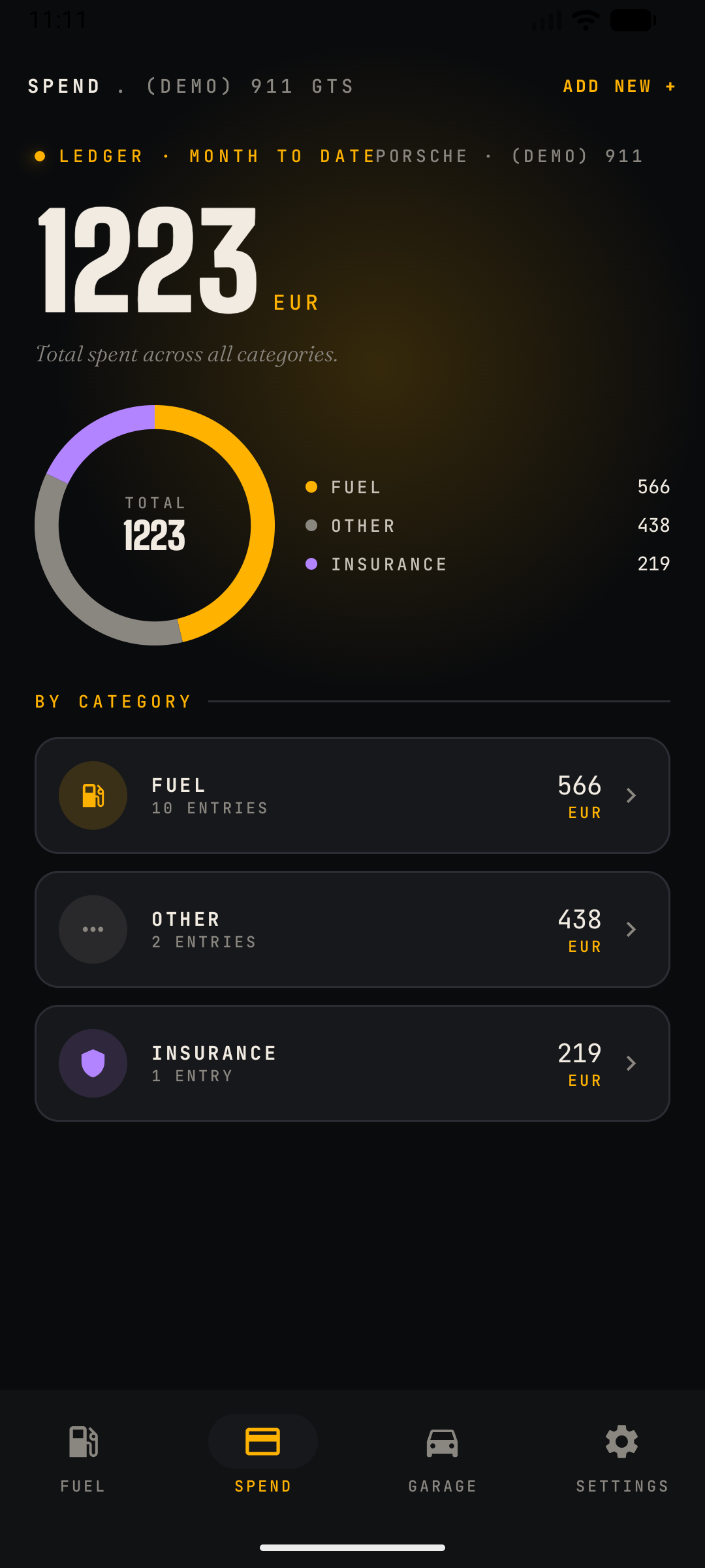 CarSpend Spend screen showing expenses by category