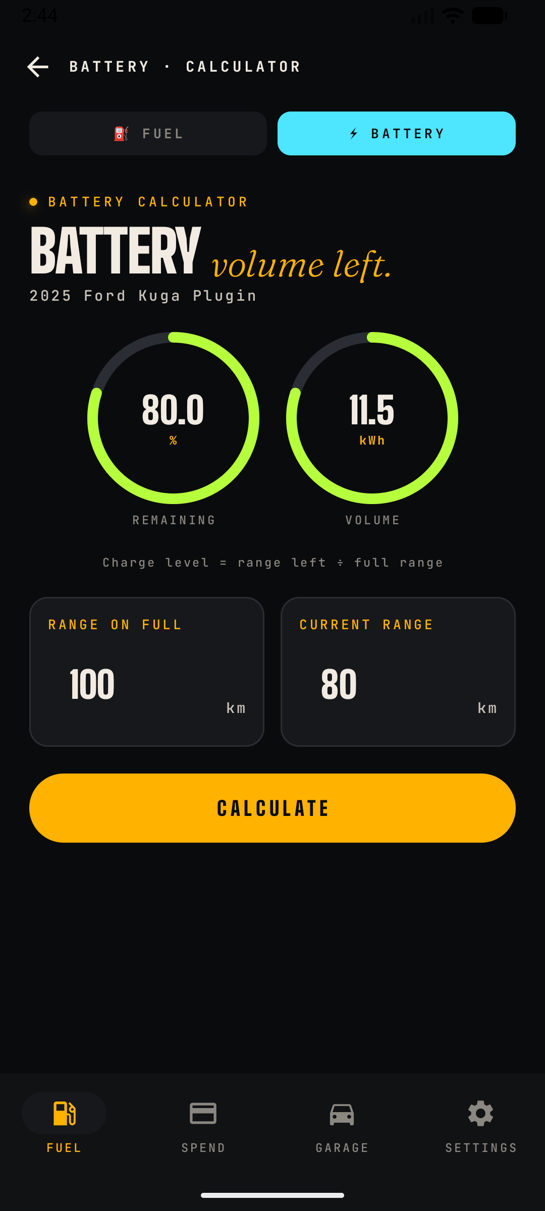 Battery calculator variant with BATTERY selected in the toggle, showing charge percentage and kWh volume gauges