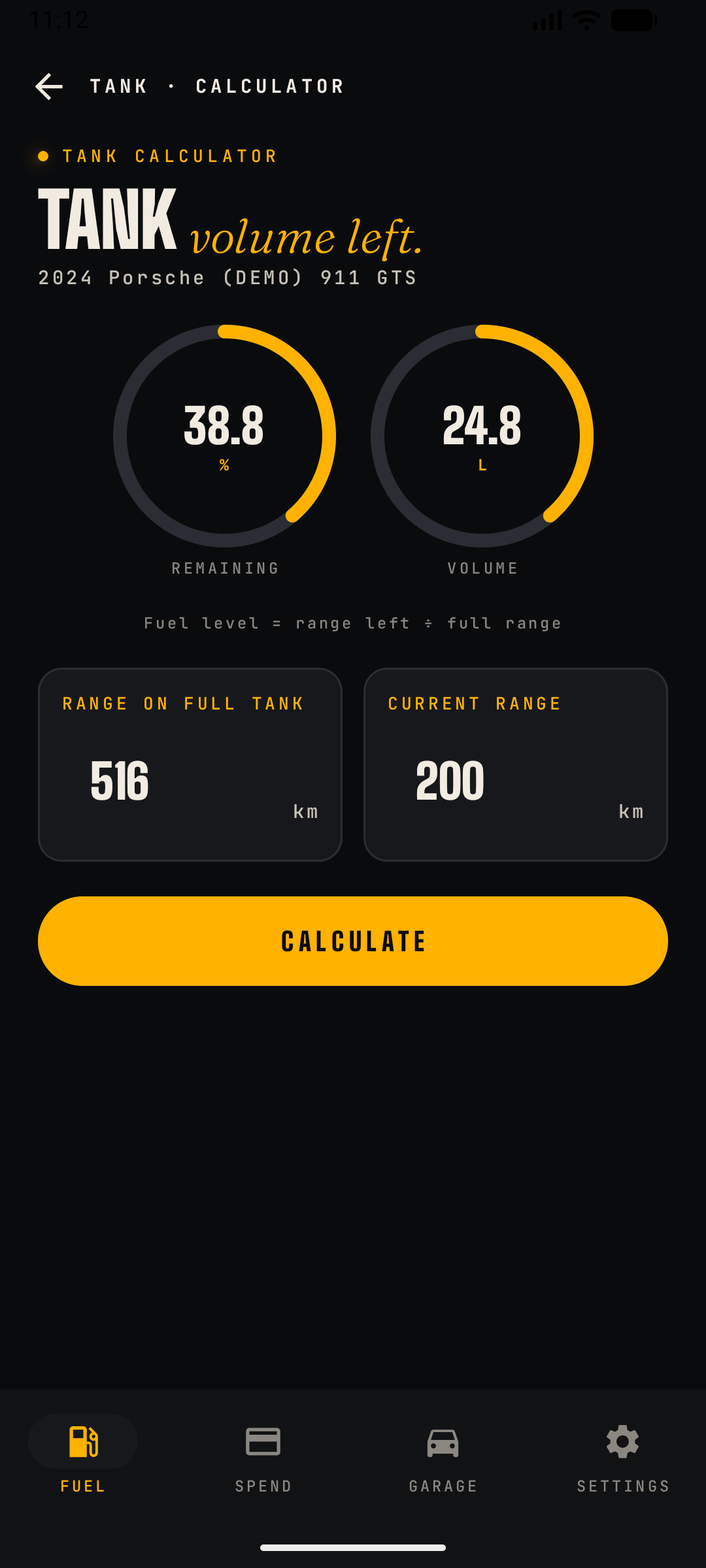 CarSpend Tank/Battery calculator showing remaining range
