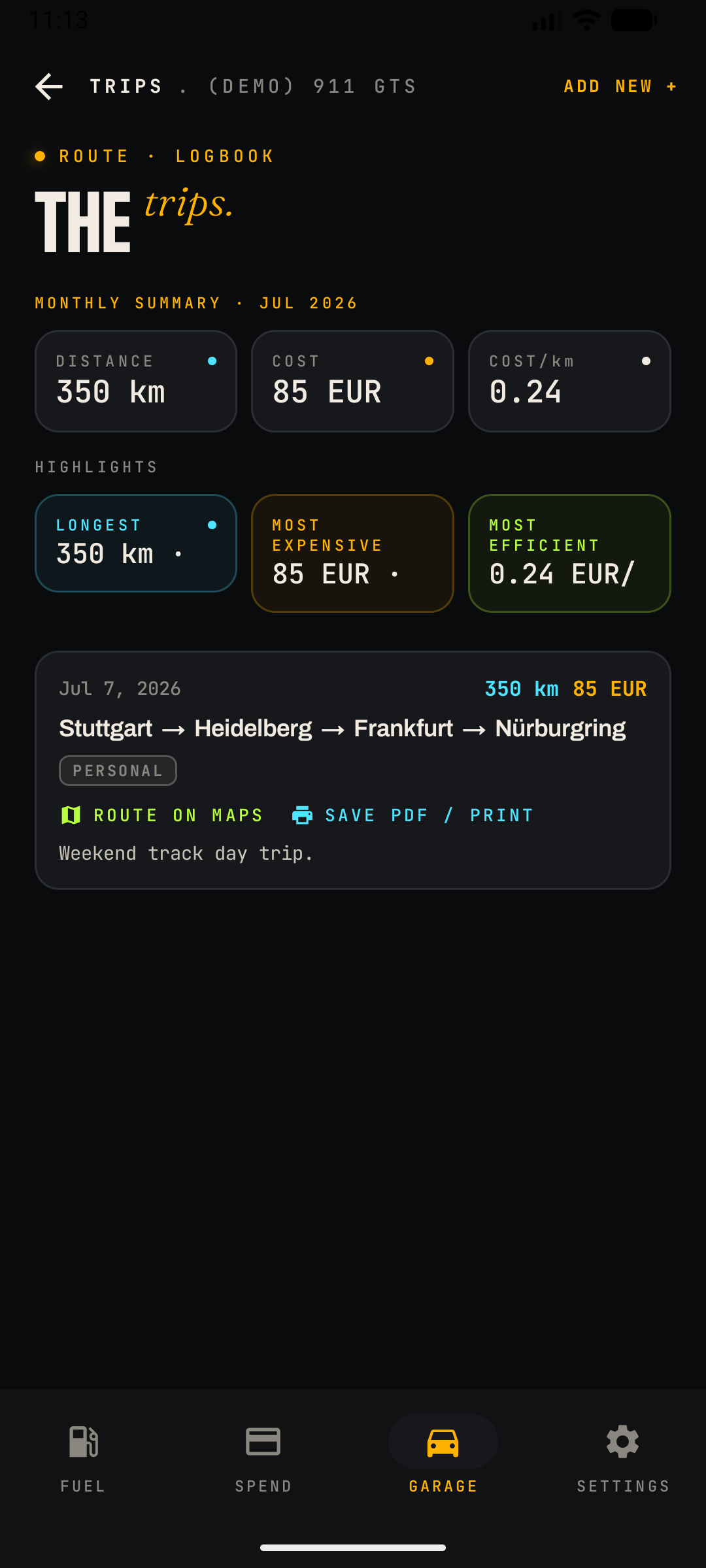 Trips screen — monthly summary, highlights and trip card with waypoints