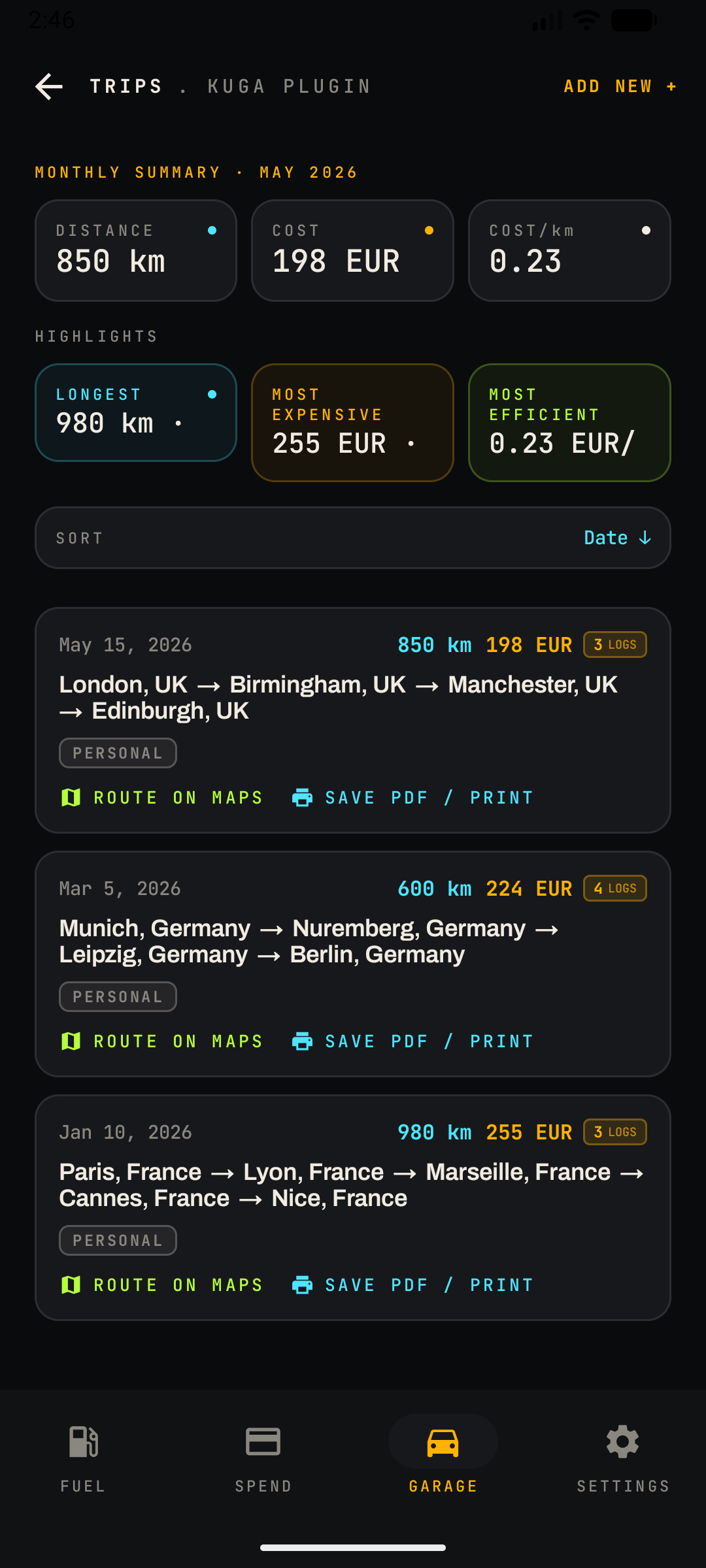 Trips screen with several multi-city international road trips listed, each with waypoints, cost and log count