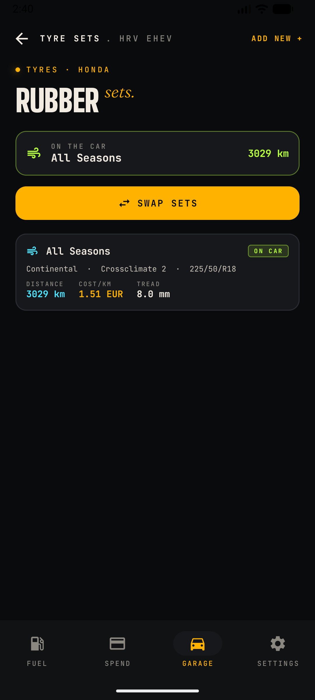 CarSpend Tyres screen showing tyre sets and tread