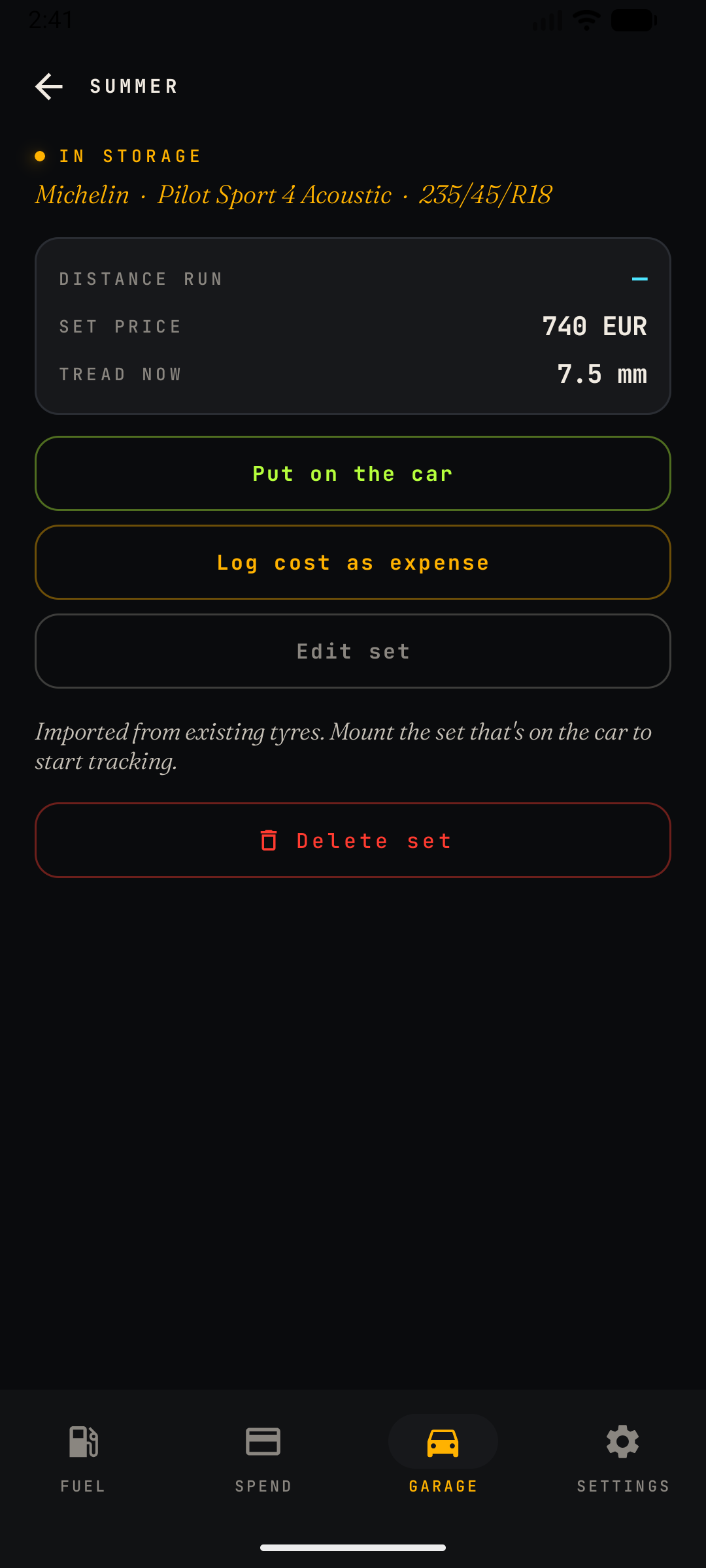 Tyre set detail screen for a set in storage — set price, tread depth, and a Put on the car action