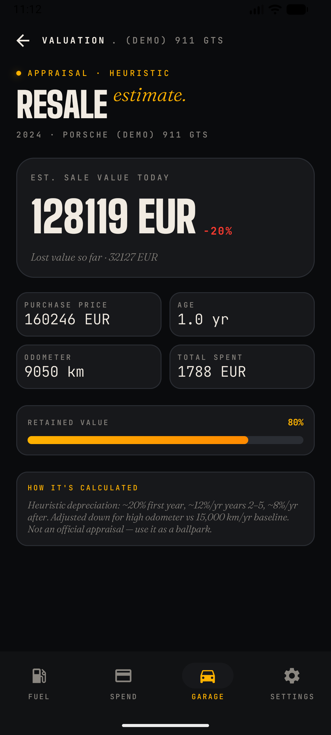 Valuation screen — estimated sale value, inputs, retained value bar and methodology