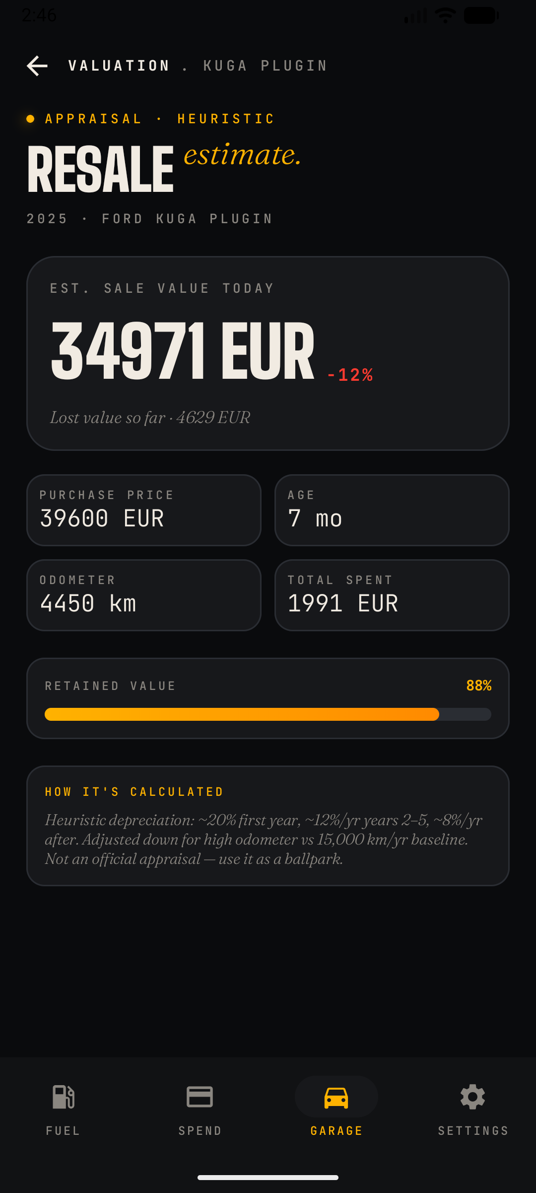 Valuation screen on a 7-month-old plug-in hybrid, showing the same estimate layout with different figures